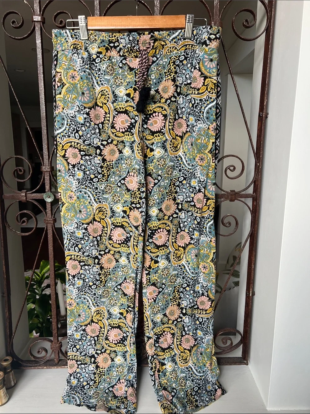 LOFT Black Floral Paisley Wide-Leg Trousers with Pink & Yellow Accents